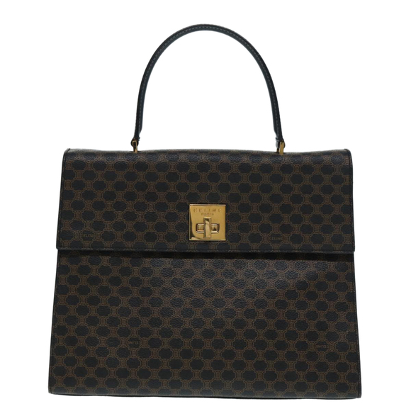 CELINE Macadam Canvas Hand Bag PVC Leather 2way Brown Black Auth 87641A - Picture 2 of 16